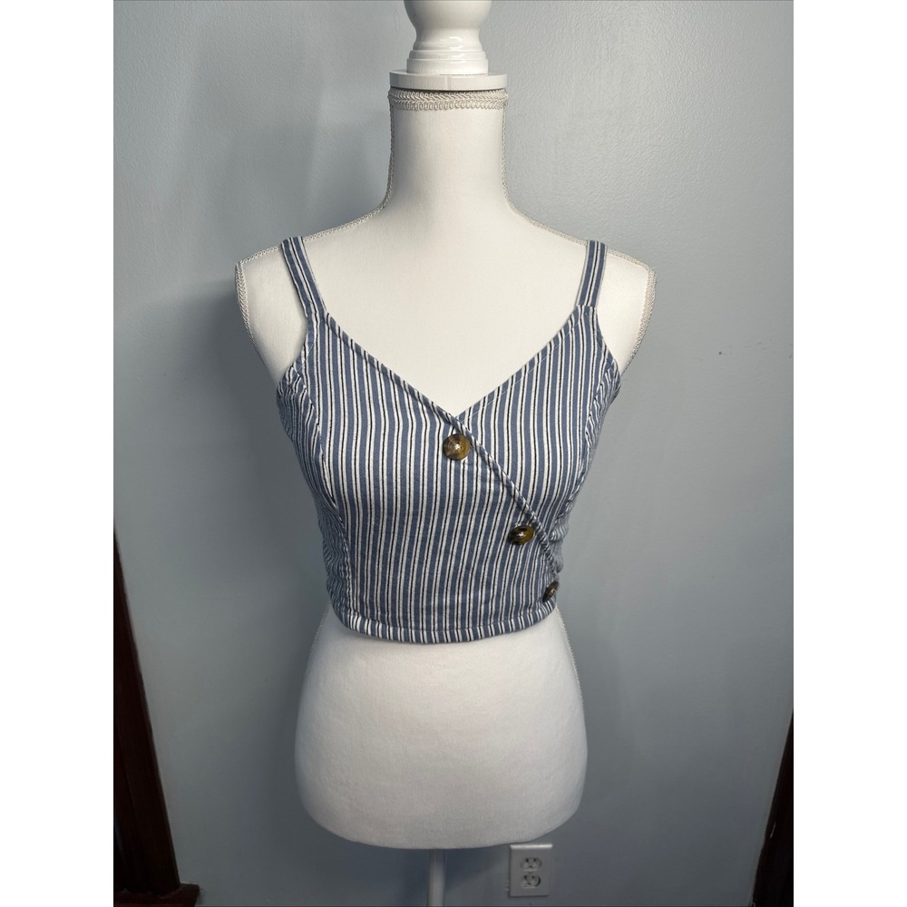 Hollister Blue White Striped Smocked Back Button Front Crop Top Cami Small
